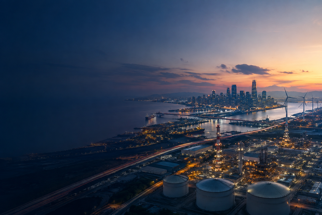 Home Aerial view of a modern city, port and energy infrastructure at dusk, illustrating energy security, whole-system energy and complex infrastructure decisions.